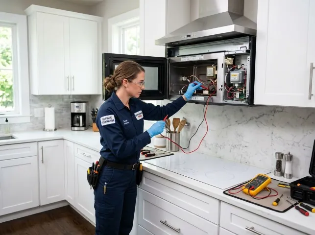 Appliance Repair Hero technician testing an over-the-range microwave in a Akers, LA kitchen